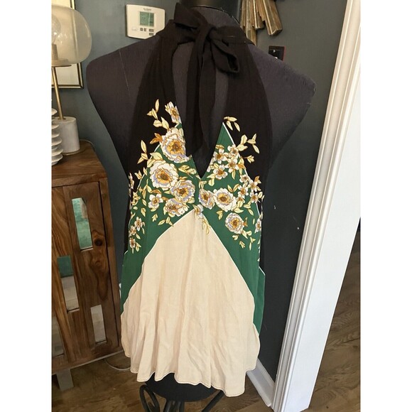 Free People Floral Boho Top Tunic Blouse S Double V Cutout Back Tie Oversized - Picture 5 of 5